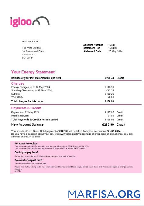 Realistic United Kingdom Igloo Energy business utility bill template in Word and PDF formats